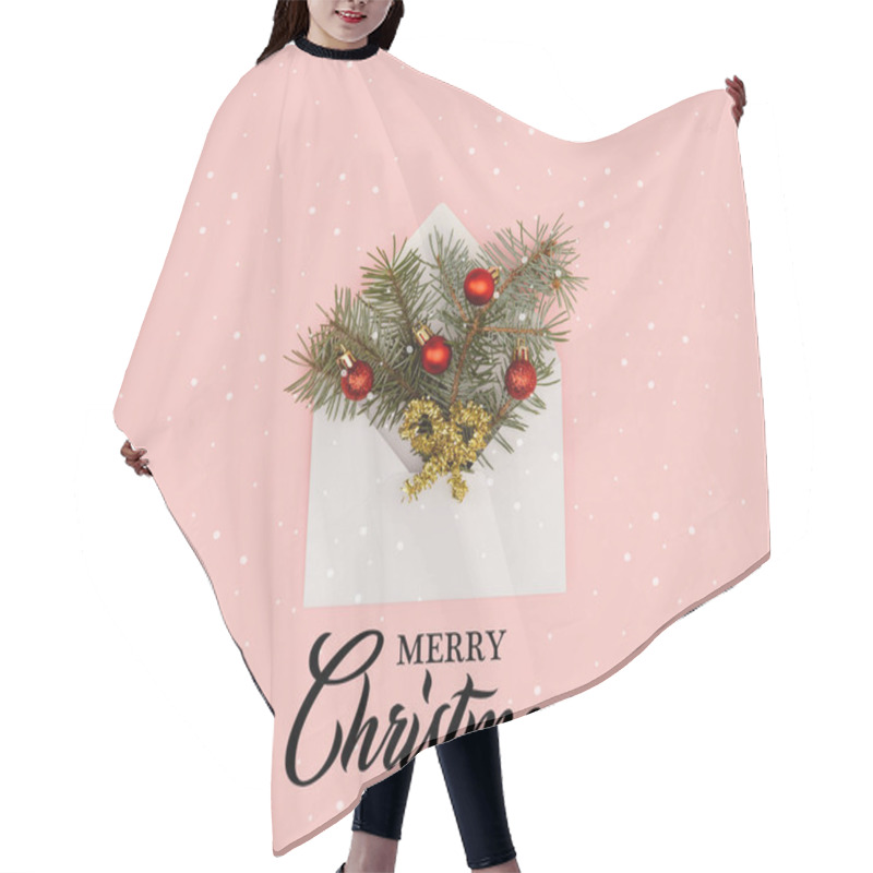 Personality  Top View Of White Envelope With Fir Twigs And Shiny Christmas Baubles Isolated On Pink With 