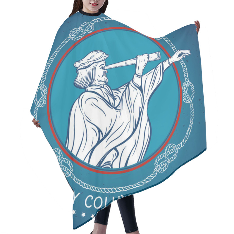 Personality  Happy Columbus Day. Seafarer With Telescope With Decorative Nautical Rope Knots. Vintage Hand Drawn Vector Illustration. Hair Cutting Cape