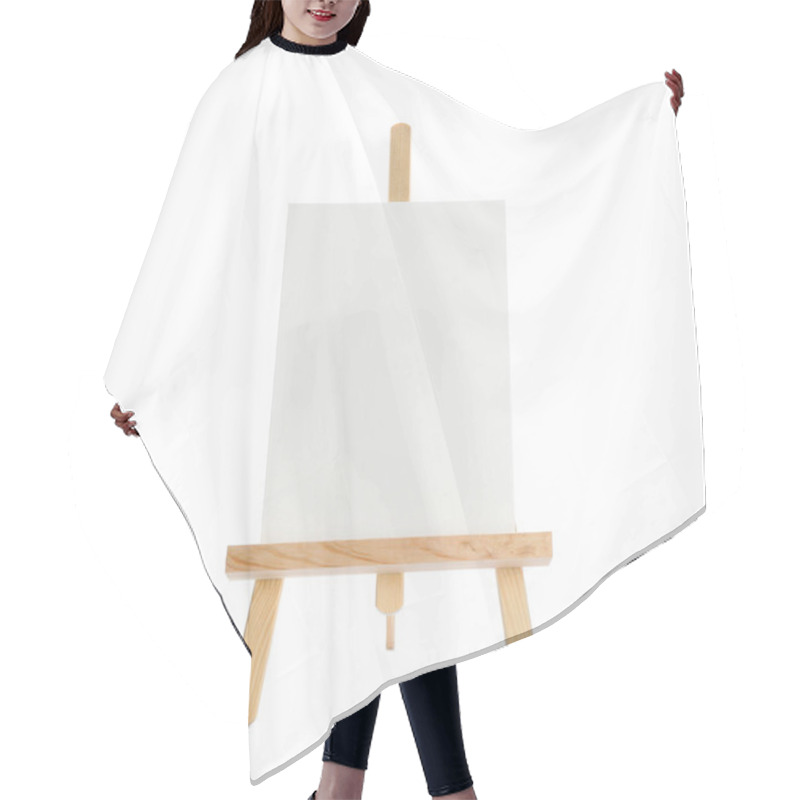 Personality  Wooden Easel With Blank Sheet Of Paper On White Background Hair Cutting Cape