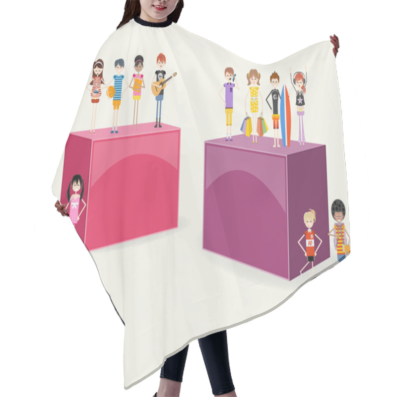 Personality  3d Design Of A Text Box With Cartoon Teenagers. Hair Cutting Cape