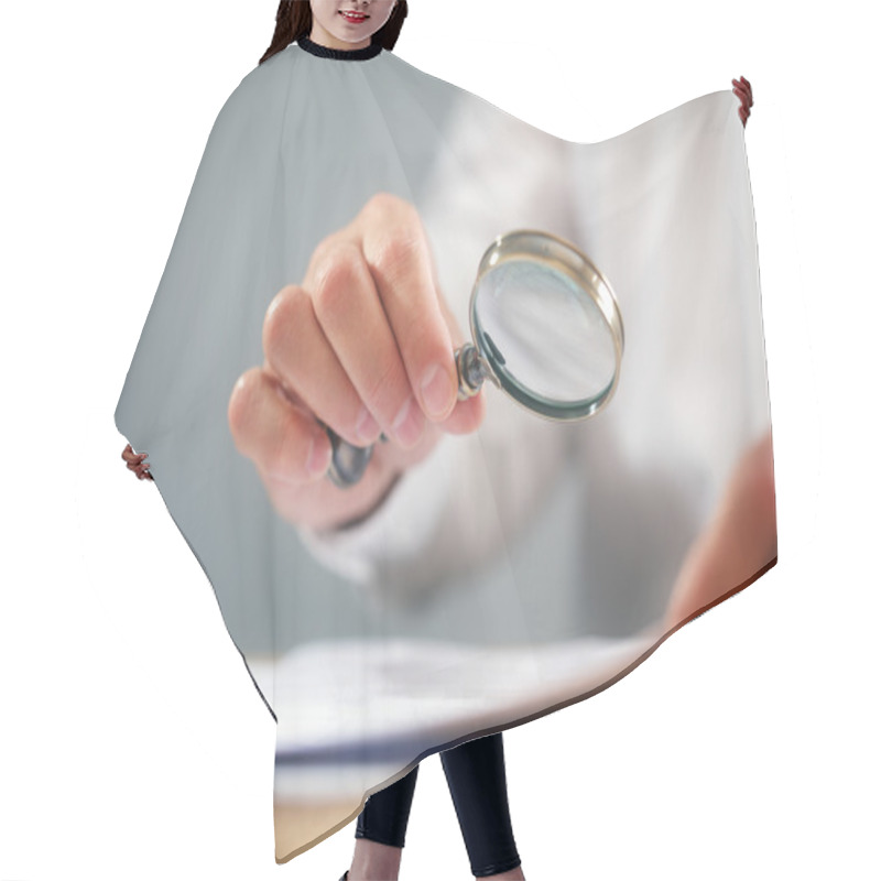 Personality  Businessman With Magnifying Glass Reading Documents Hair Cutting Cape