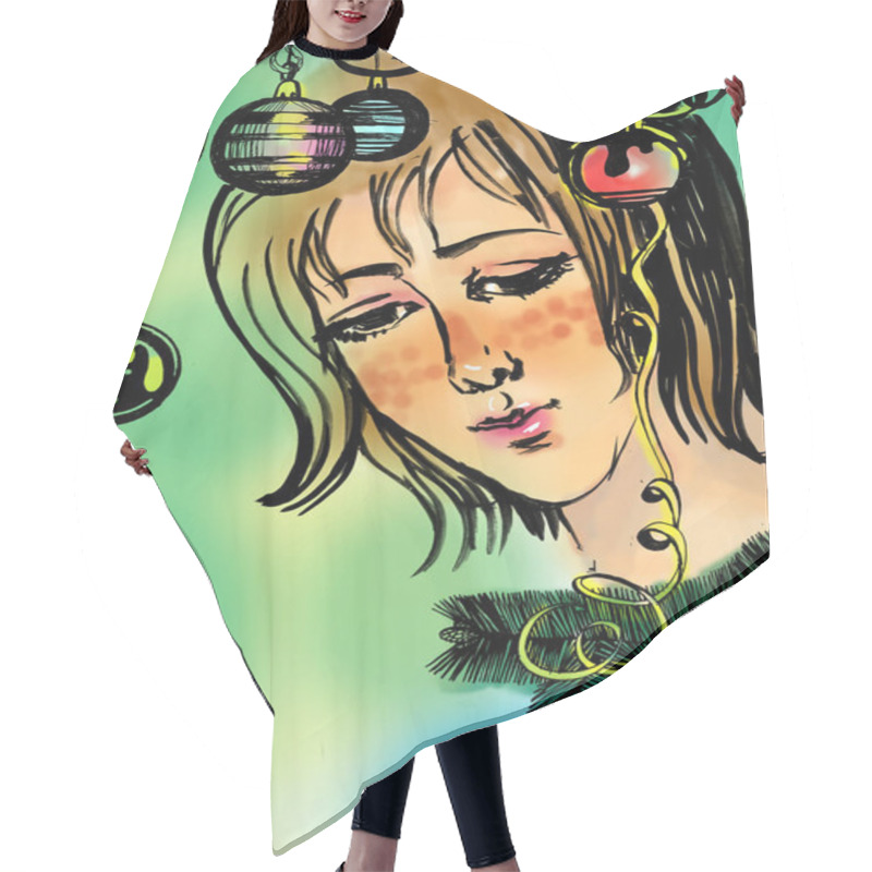 Personality  Sad Girl On Christmas Eve , Sketch Art   Hair Cutting Cape