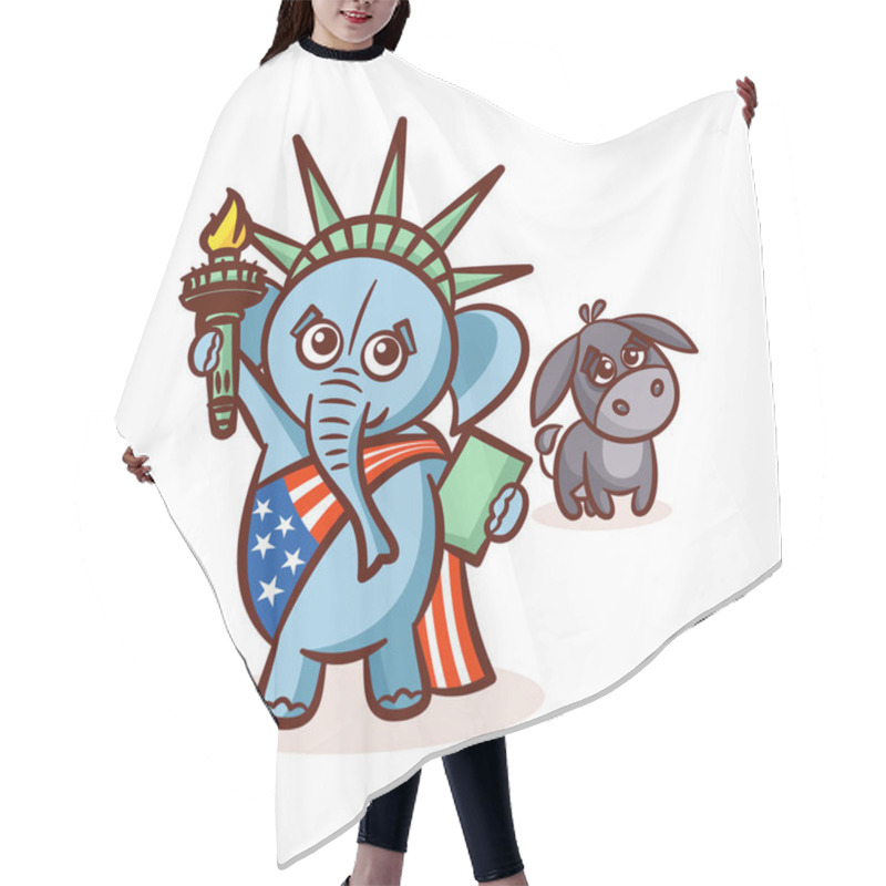 Personality  Elephant And Donkey. Symbols Of Democrats And Republicans. Political Parties In United States. Illustration For Election, Debate America. The Statue Of Liberty. USA Flag Hair Cutting Cape