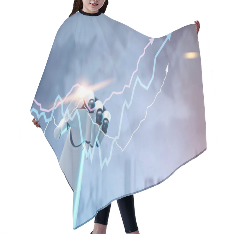 Personality  Hand Of A Robot Interacting With Glowing Growing Graphs Against A Cityscape Background. Concept Of Trading And Stock Market. Toned Image Double Exposure Mock Up Hair Cutting Cape