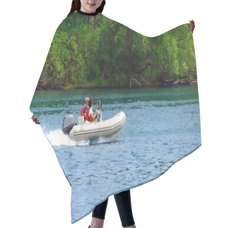 Personality  A Couple Driving An Inflatable Boat On A River Hair Cutting Cape