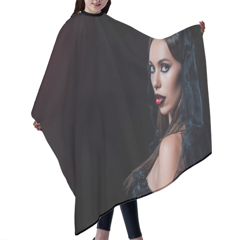 Personality  Scary Vampire Girl In Black Gothic Dress And Veil Isolated On Black Hair Cutting Cape