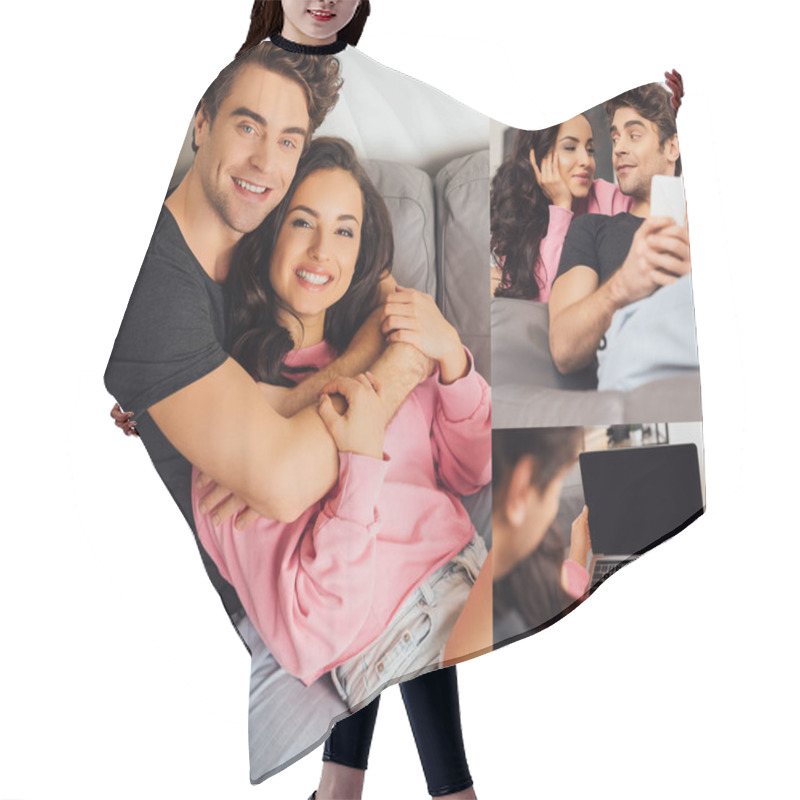 Personality  Collage Of Smiling Couple Embracing And Using Gadgets In Living Room Hair Cutting Cape