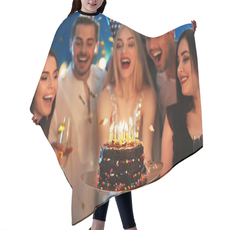 Personality  Young Woman With Tasty Cake And Her Friends At Birthday Party In Club Hair Cutting Cape