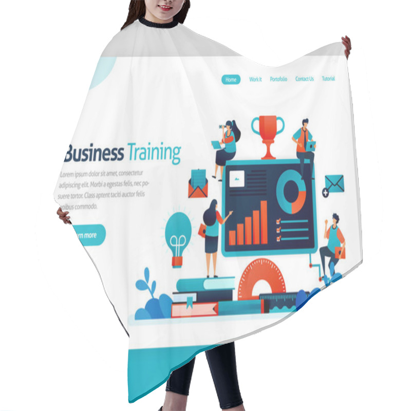 Personality  Vector Illustration For Business Training Landing Page. Business And Entrepreneurship Seminar. Read Statistic For Strategy Analysis. Graph And Accounting Chart. Homepage Header Web Page Template Apps Hair Cutting Cape