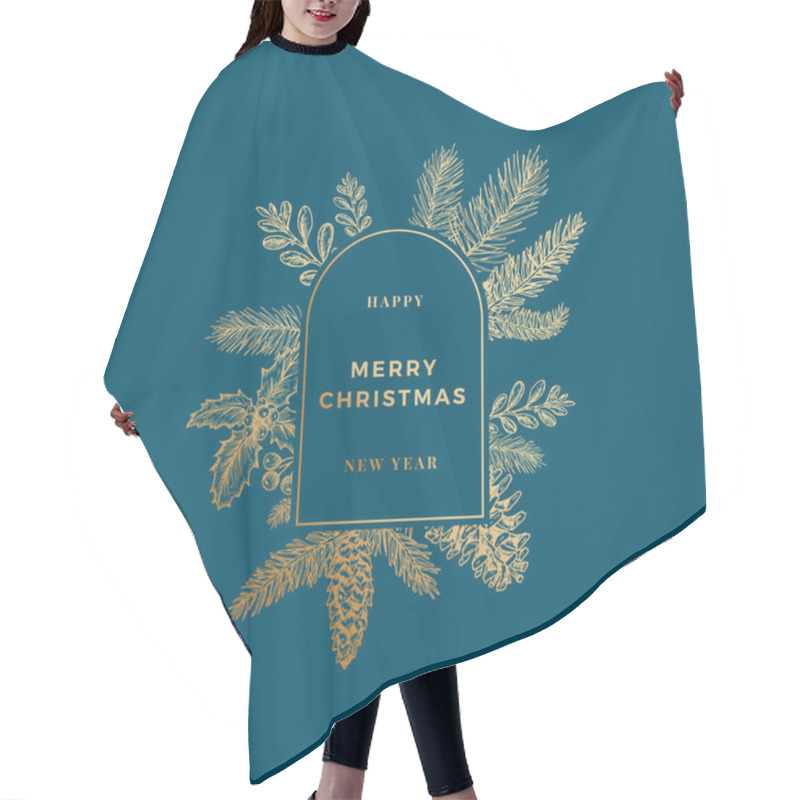 Personality  Merry Christmas Abstract Banner Card With Frame Label And Modern Typography. Hand Drawn Pine Branches, Mistletoe, Strobile And Holly Sketches. Premium Background And Golden Greeting Sketch Layout Hair Cutting Cape