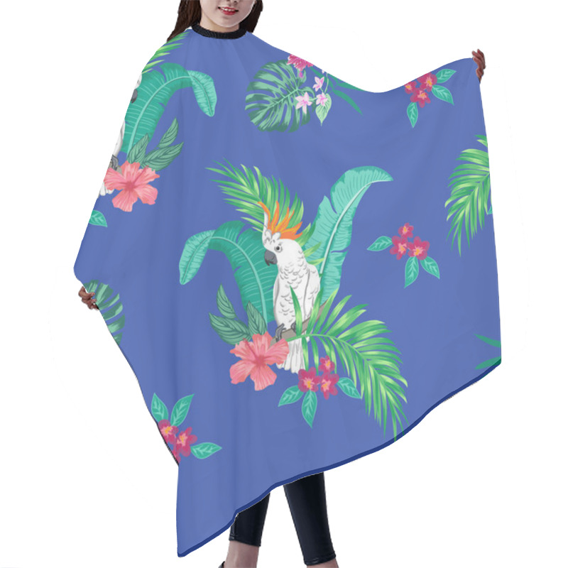 Personality  Vector Seamless Botanical Tropical Pattern With Parrots And Flowers. Floral Exotic Background Design With Banana Leaf, Areca Palm Leaves, Monstera Leaves, Hibiscus Flowers, Frangipani. Hair Cutting Cape