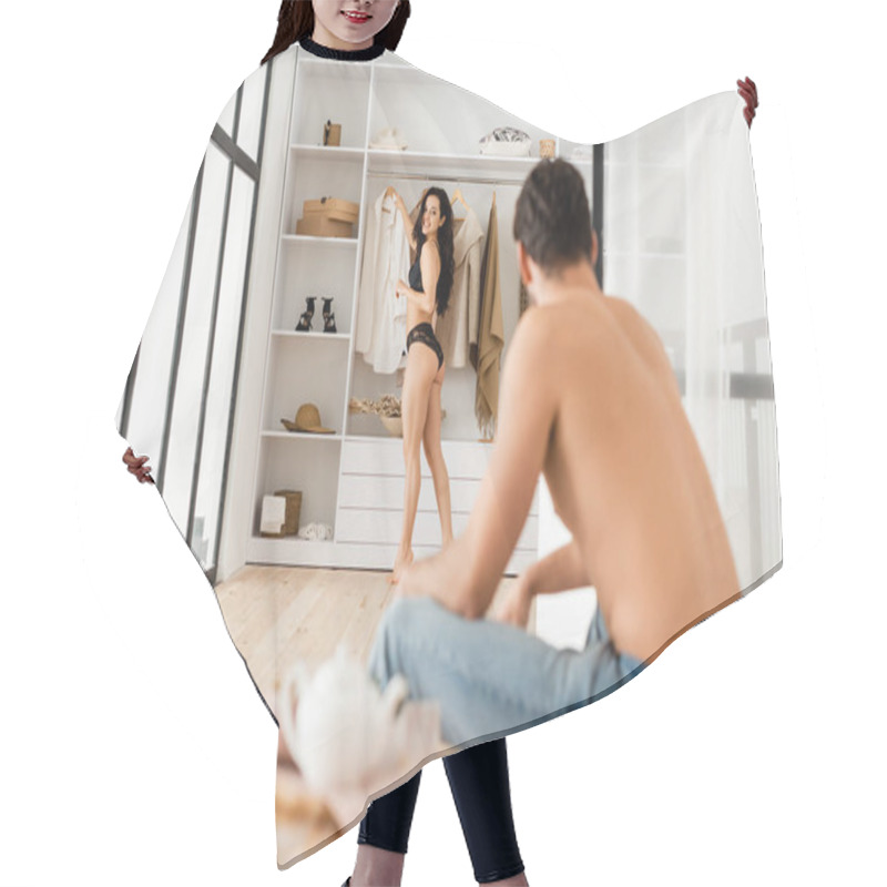 Personality  Selective Focus Of Sexy Woman In Lingerie Taking Shirt And And Looking At Shirtless Boyfriend On Bed  Hair Cutting Cape