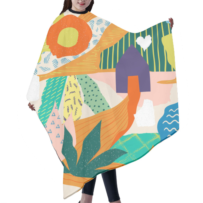 Personality  Abstract Collage Pattern. Seamless Doodle Print Design, Contemporary Exotic Summer Shapes And Colors. Vector Hand Drawn Poster Hair Cutting Cape