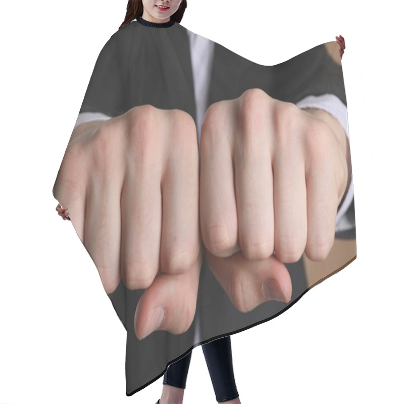 Personality  Businessman Showing Fists With Space For Tattoo On Beige Background, Selective Focus Hair Cutting Cape