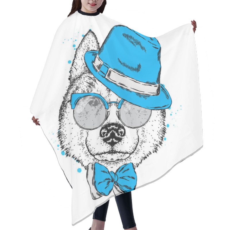 Personality  A Beautiful Dog In A Hat, Glasses And A Tie. Vector Illustration For A Postcard Or Poster, Print On Clothes. Purebred Puppy. Husky Or Wolf. Hair Cutting Cape