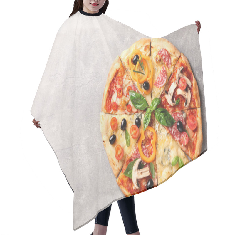 Personality  Delicious Pizza With Different Pieces On Grey Background, Space  Hair Cutting Cape