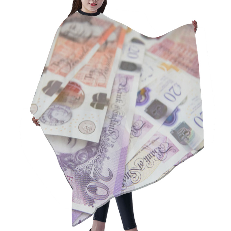 Personality  Britain Money Pounds Sterlings Close Up. Hair Cutting Cape