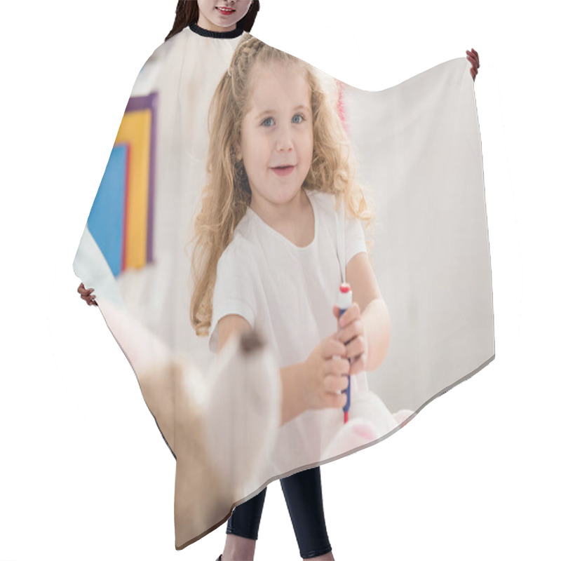 Personality  Adorable Kid Playing With Rabbit Toy In Children Room And Looking At Camera Hair Cutting Cape