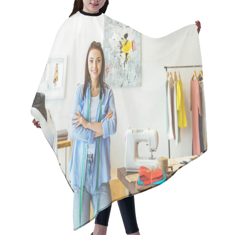 Personality  Smiling Seamstress Standing With Crossed Hands And Looking At Camera Hair Cutting Cape