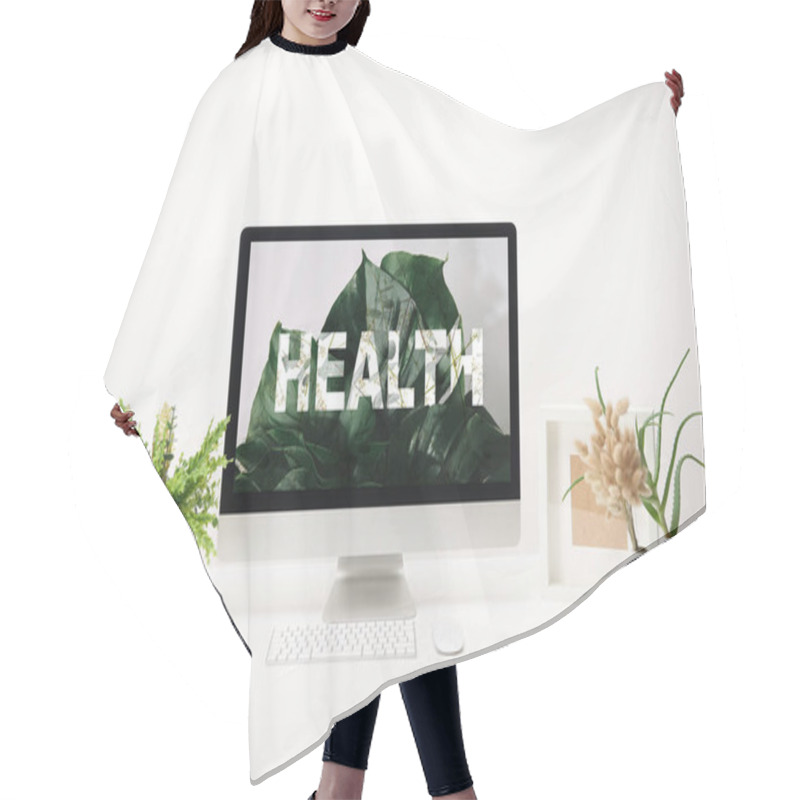 Personality  Computer With Health Lettering And Tropical Green Leaves On Monitor On Desk On White Background Hair Cutting Cape