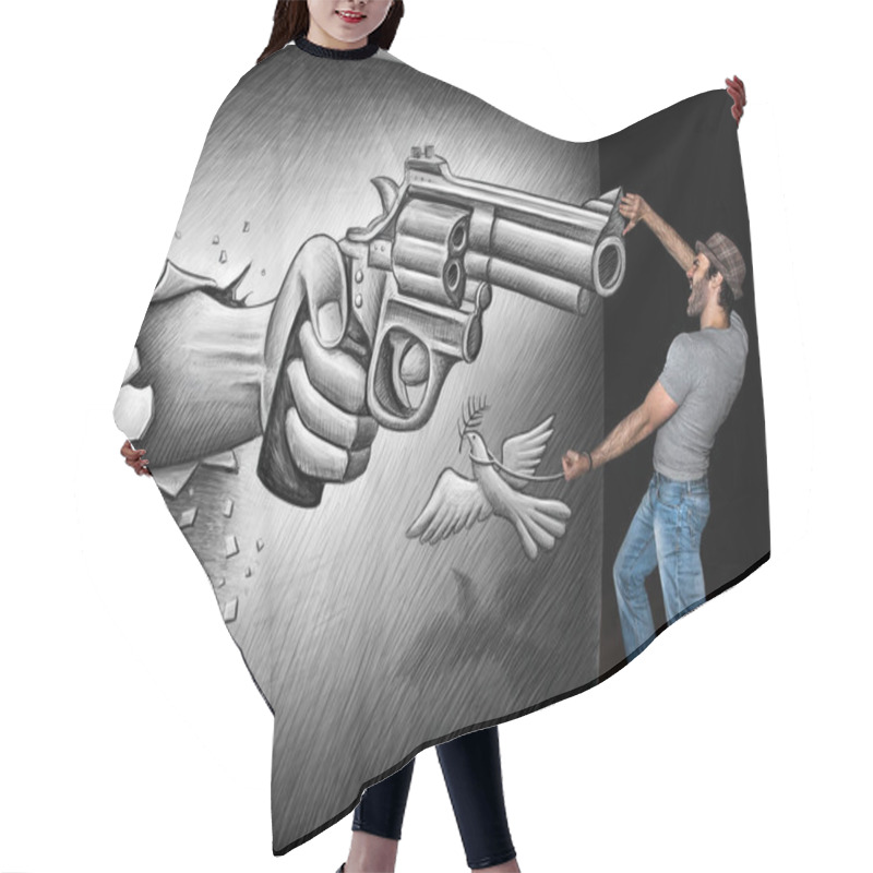 Personality  Man Standing, Shouting And Lifting Arm Against Giant Gun Drawing Hair Cutting Cape