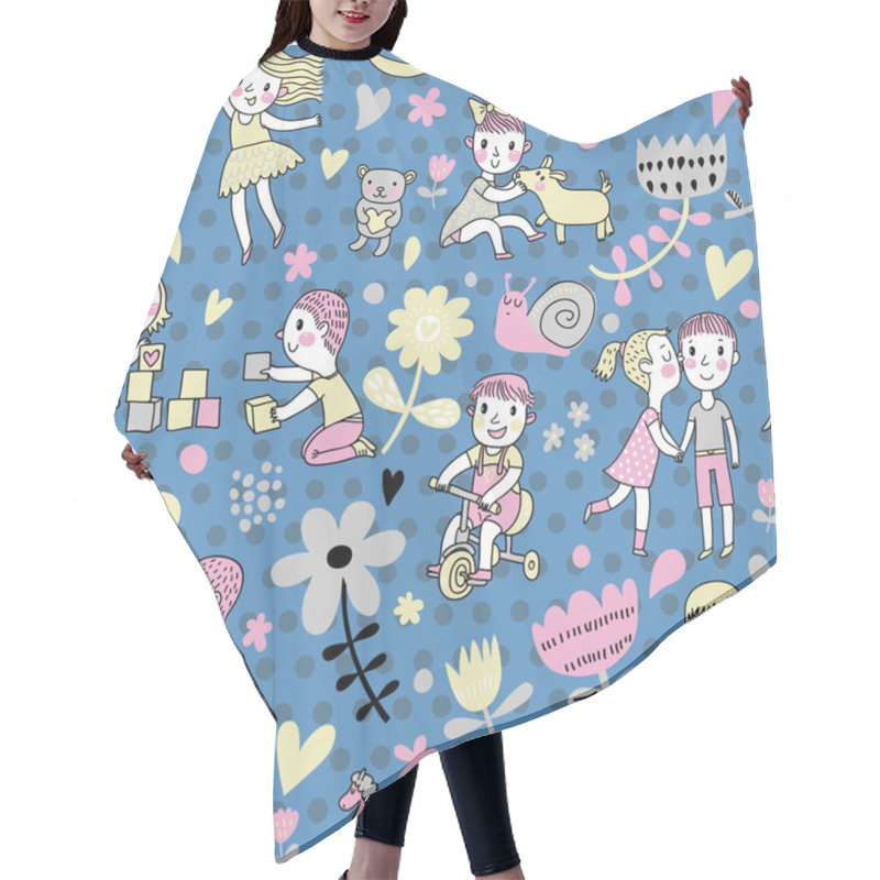 Personality  Pattern With Children Playing With Toys. Hair Cutting Cape