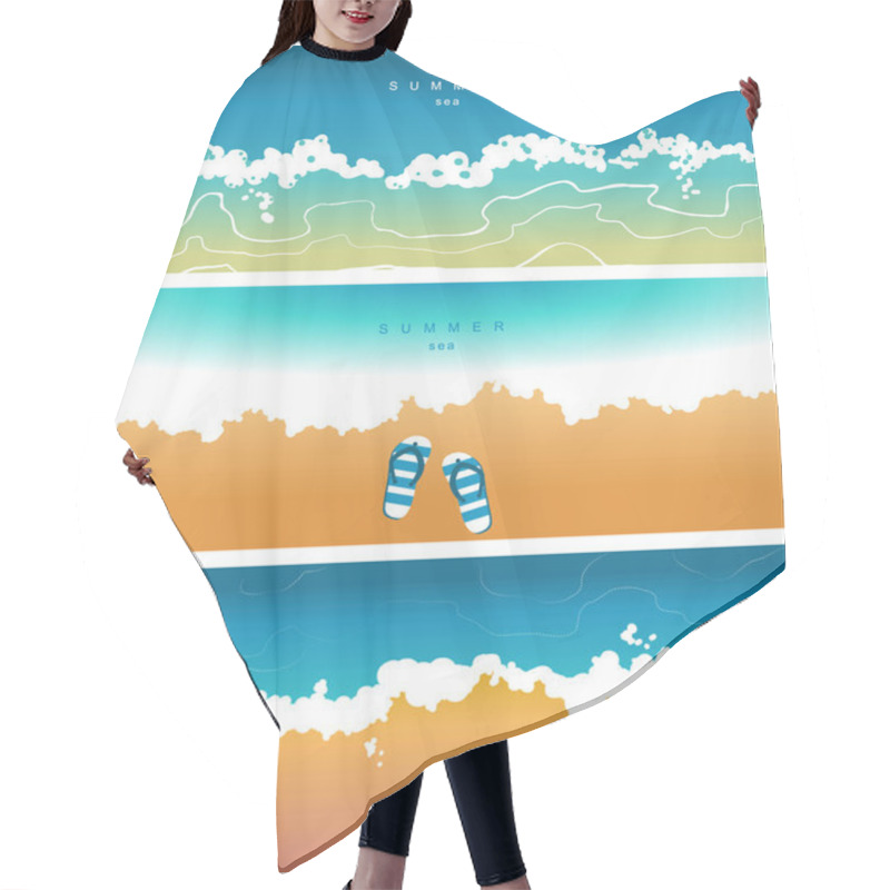 Personality  Vector Cover For Social Networks, Header With A Summer Mood, With The Image Of The Sea, Beach, Waves, Surf, Umbrella, Beach Shoes On The Sand Hair Cutting Cape