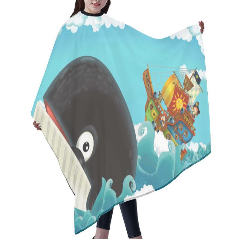 Personality  Cartoon Scene With Pirate Ship Sailing Through The Seas With Happy Pirates Meeting Swimming Whale - Illustration For Children Hair Cutting Cape