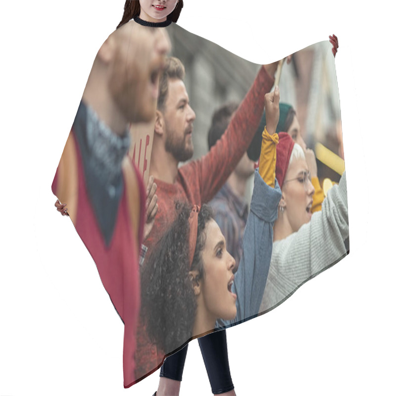 Personality  Side View Of Group Of Multiethnic People Protesting Outdoors With Placards And Signs. People Shouting With Banners Protest As Part Of A Climate Change March. Protestors Holding Worker Rights Banners At Protest. Hair Cutting Cape