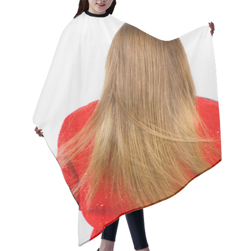 Personality  Woman With Straight Brown Long Hair. Back View Hair Cutting Cape