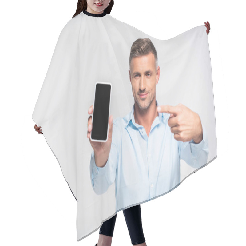 Personality  Handsome Adult Man Pointing At Blank Screen Of Smartphone Isolated On White Hair Cutting Cape