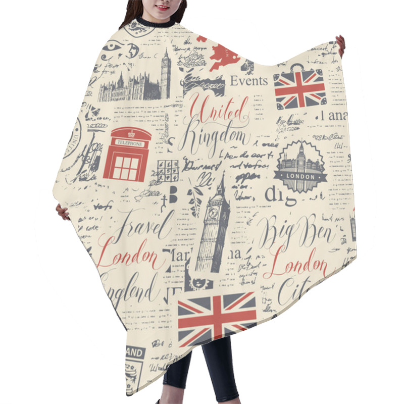 Personality  Vector Seamless Pattern On UK And London Theme With Inscriptions, British Symbols, Landmarks And Flag On The Background Of Newspaper Page In Retro Style. Suitable For Wallpaper, Wrapping Paper, Fabric Hair Cutting Cape