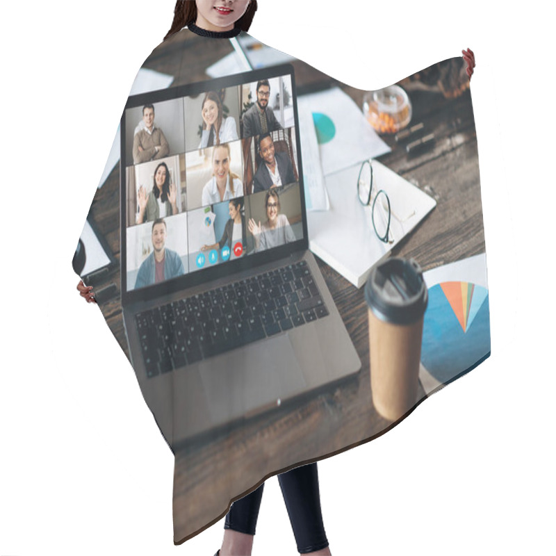 Personality  Virtual Business Meeting Online. Video Conference By Laptop. Online Business Meeting. On The Laptop Screen, Coworkers Who Gathered In A Video Conference To Work Online Hair Cutting Cape