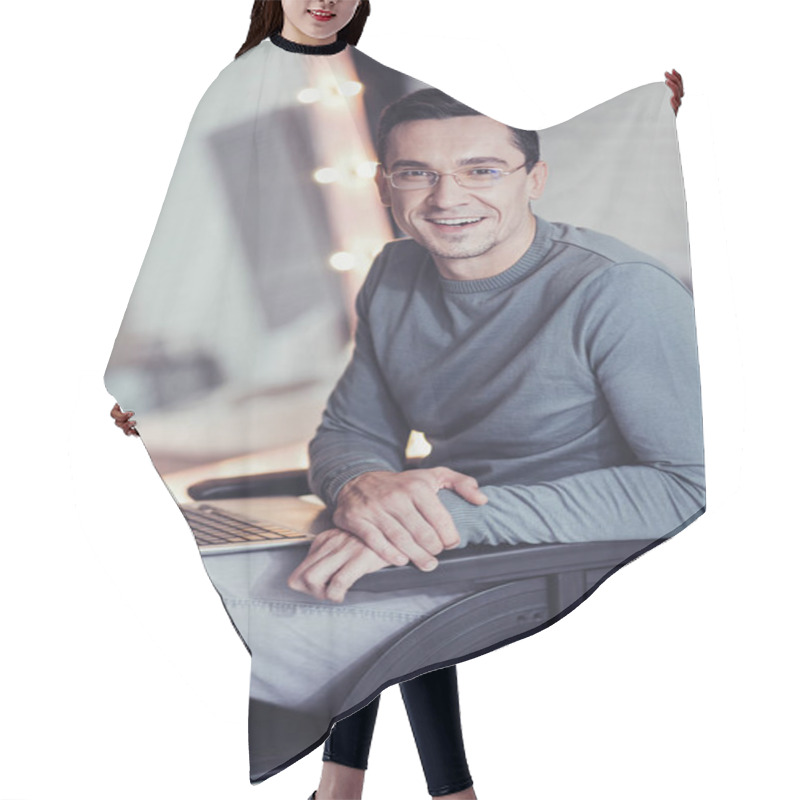 Personality  Happy Disabled Man Sitting In Front Of His Laptop Hair Cutting Cape