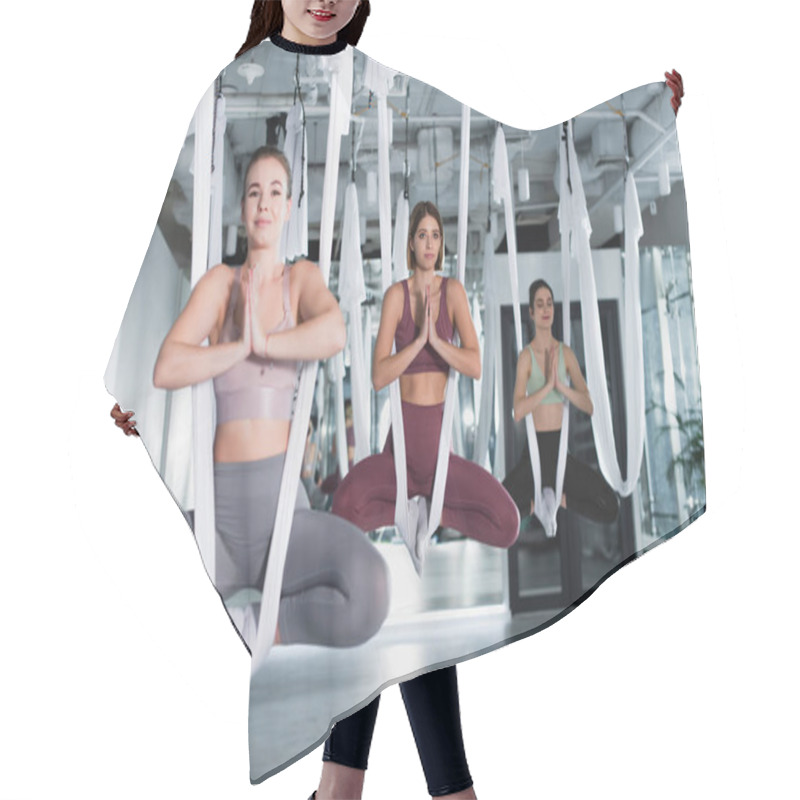 Personality  Sportive Women Meditating In Lotus Pose While Practicing Fly Yoga Hair Cutting Cape