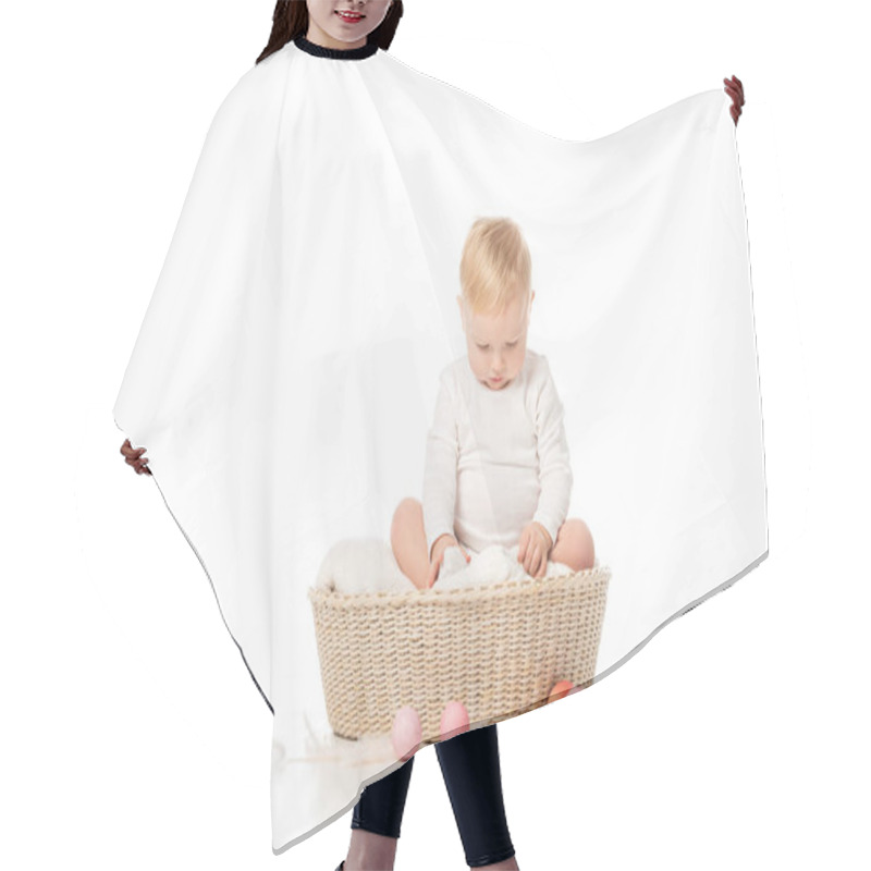 Personality  Child With Lowered Head On Blanket In Basket With Easter Eggs Around On White Background Hair Cutting Cape