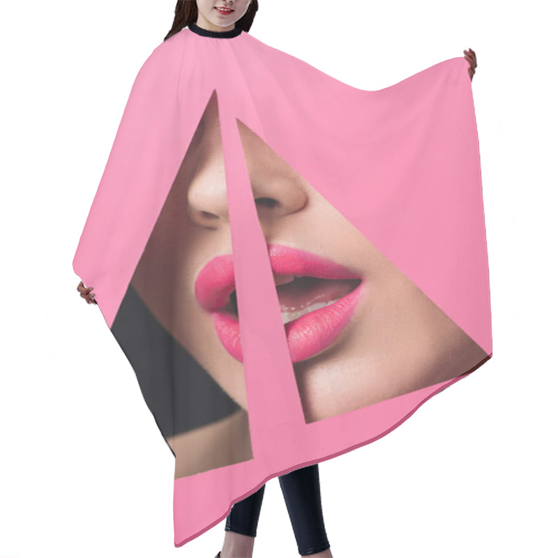 Personality  Cropped View Of Woman With Pink Lips And Open Mouth In Triangular Holes In Paper On Black Hair Cutting Cape