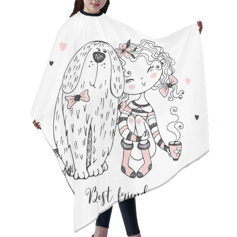 Personality  Cute Girl Sitting With Her Pet Big Dog. Best Friends. Vector Hair Cutting Cape