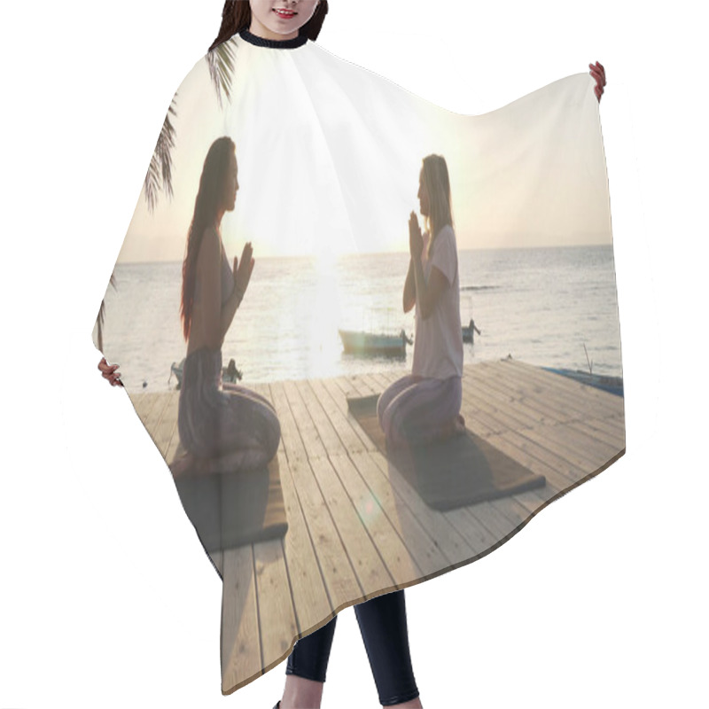 Personality  Silhouette Of Two Women Meditating At Seaside At Sunset Hair Cutting Cape