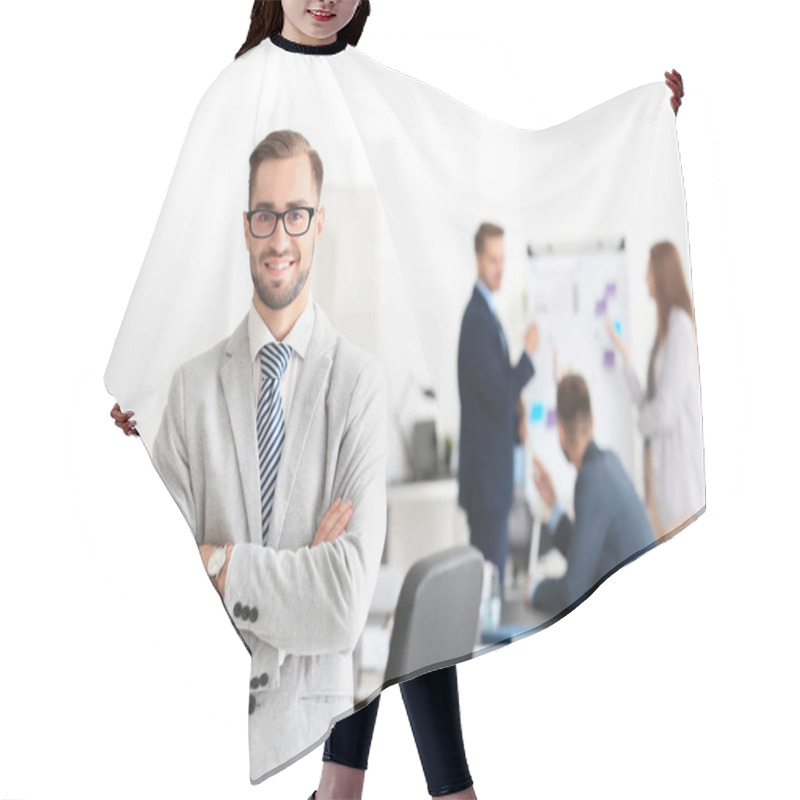 Personality  Young Handsome Man In Office Hair Cutting Cape