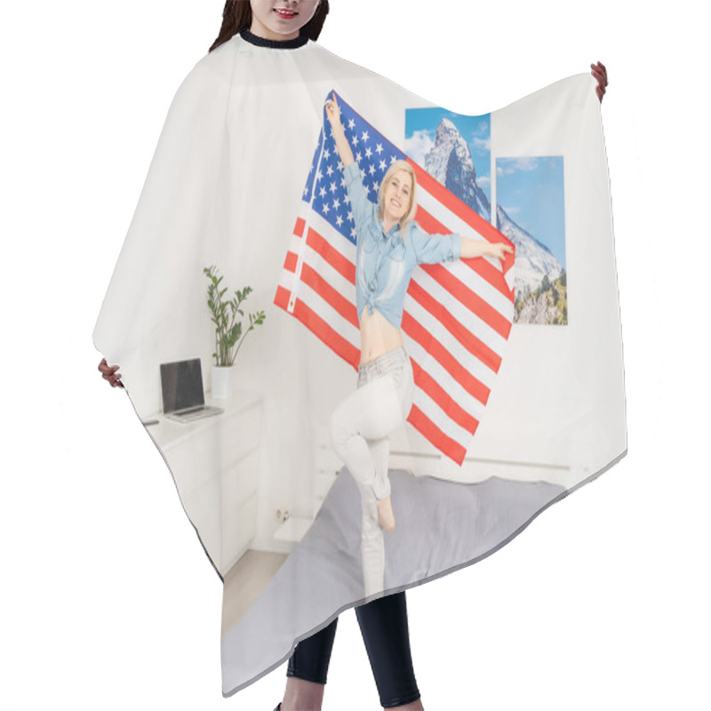 Personality  Portrait Of A Smiling Woman Covering With USA Flag On A White Background Hair Cutting Cape