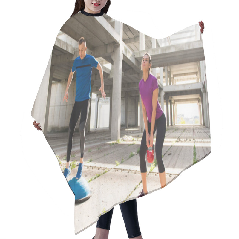 Personality  Young Athlete Couple Doing Exercise  In An Old Abandoned Buildin Hair Cutting Cape