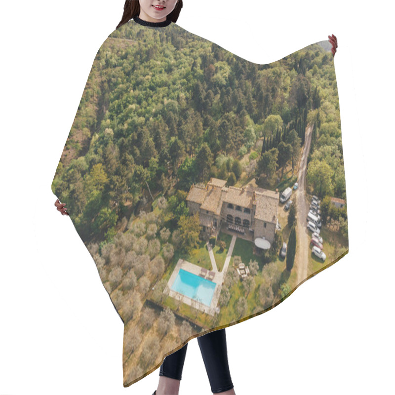 Personality  Aerial View Of Villa With Swimming Pool Near Forest In Italy  Hair Cutting Cape