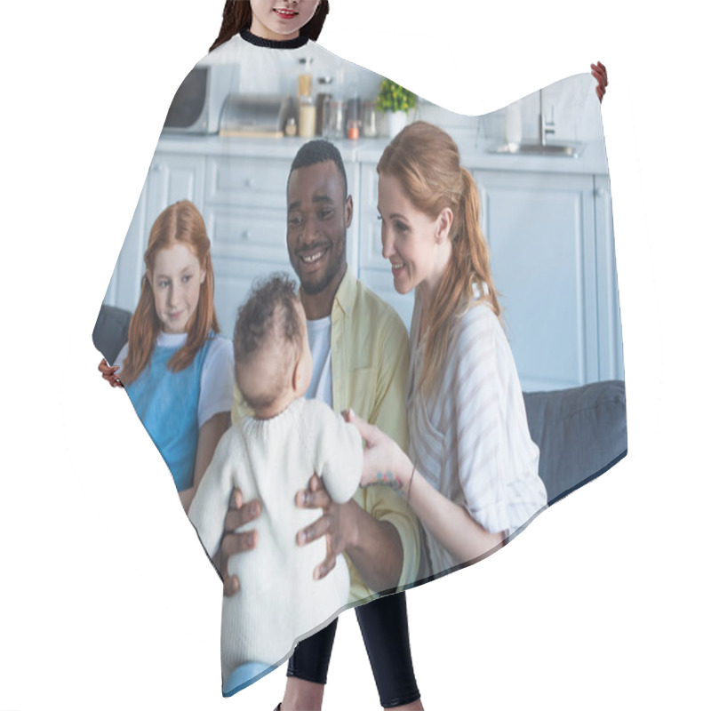 Personality  Happy African American Man Holding Infant Child Near Smiling Multiethnic Family Hair Cutting Cape