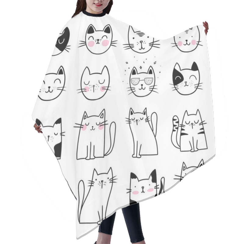 Personality  Cute Cat Doodle Style Illustrations. Set Of Funny Hand Drawn Cats. Hair Cutting Cape