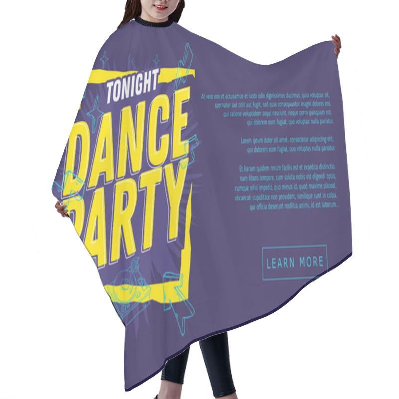 Personality  Dance Party 90s Influenced Typographic Web Banner Design With Hand Drawn Line Art Cartoon Style Elements And Vivid Bright Colors. Hair Cutting Cape