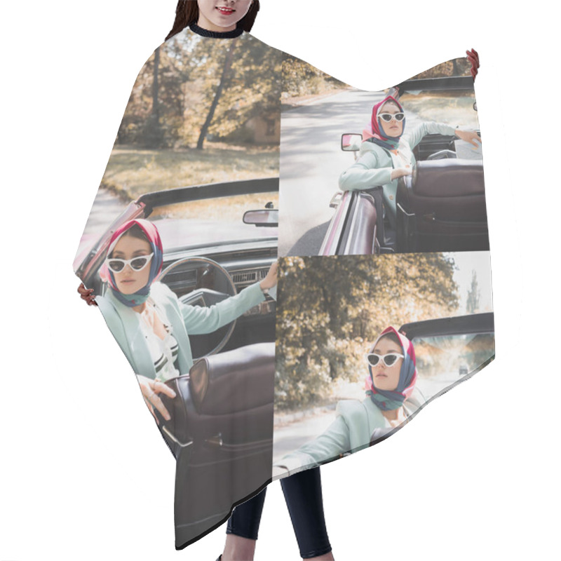 Personality  Collage Of Stylish Woman With Map Sitting In Car With Road At Background  Hair Cutting Cape