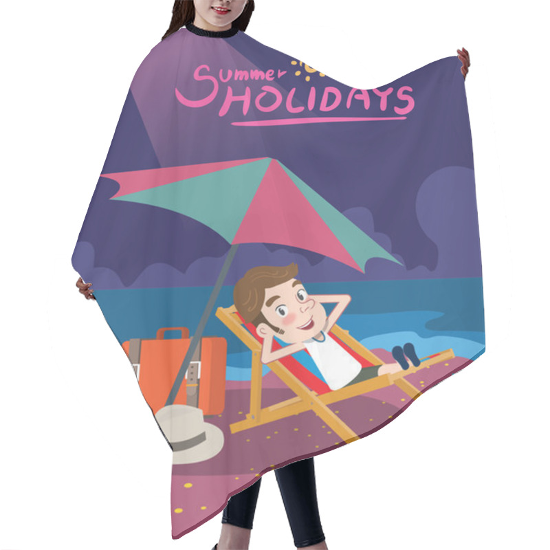 Personality  Summer Holidays Vector Illustration,flat Design Night Beach And Parasol Concept Hair Cutting Cape