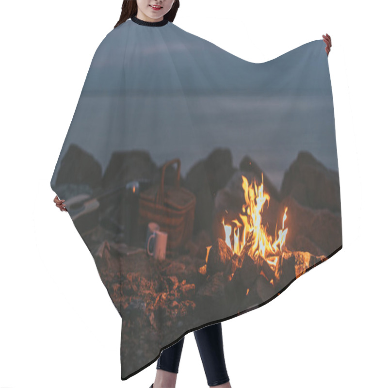 Personality  Burning Bonfire Near Logs, Plaid Blanket, Wicker Basket, Cups And Acoustic Guitar  Hair Cutting Cape