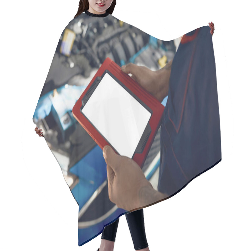 Personality  Blank Tablet Screen On Open Machine Hood Background Hair Cutting Cape